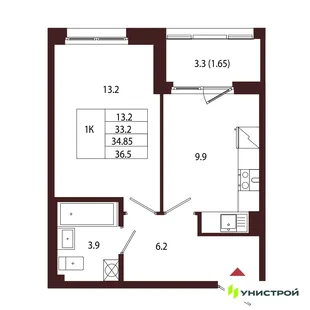 Планировка 1-комн. квартира, 34.85 м² ЖК «Лисино»