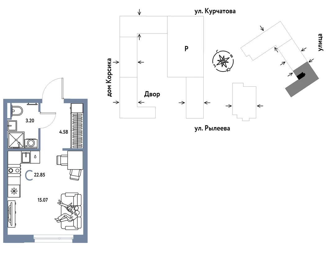 Планировка Студия, 23.03 м² ЖК «Остров-сад»