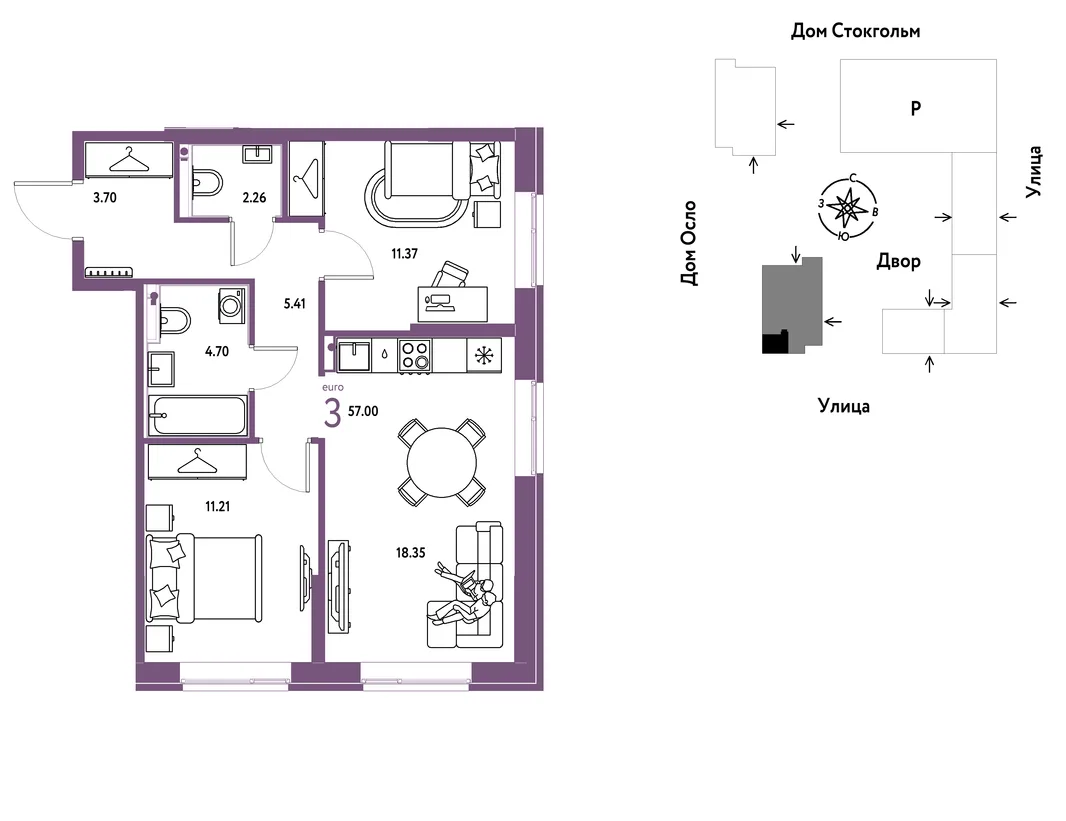 Планировка 3-комн. квартира, 57 м² ЖК «Европейский берег 2.0»