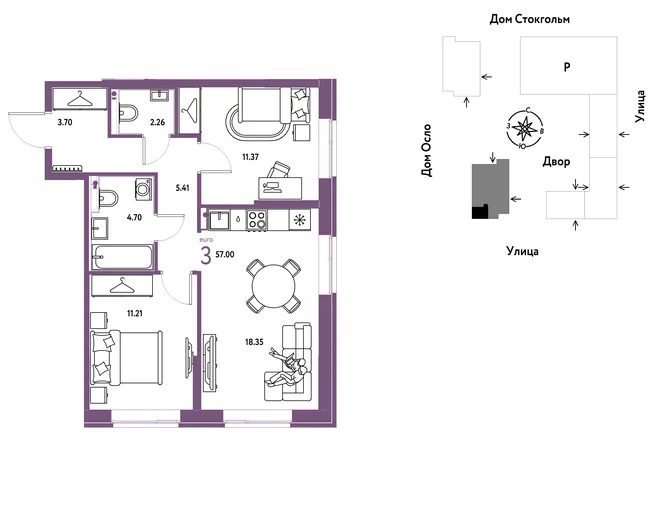 Планировка 3-комн. квартира, 57 м² ЖК «Европейский берег 2.0» Планировка 3-комн. квартира, 57 м² ЖК «Европейский берег 2.0»