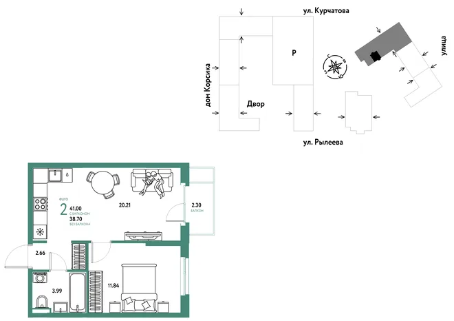 Планировка 2-комн. квартира, 41.18 м² ЖК «Остров-сад» Планировка 2-комн. квартира, 41.18 м² ЖК «Остров-сад»