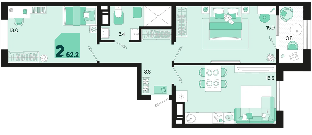 Планировка 2-комн. квартира, 62.2 м² ЖК «Первое место»