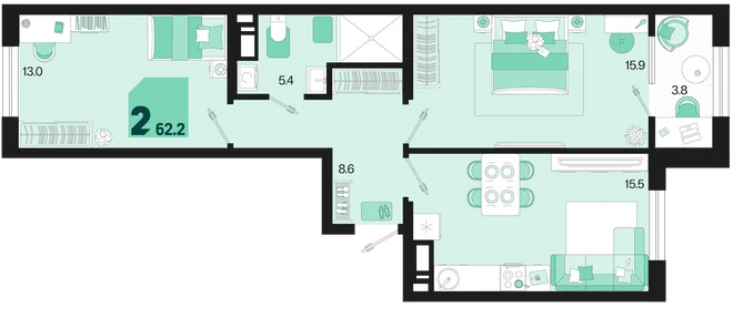 Планировка 2-комн. квартира, 62.2 м² ЖК «Первое место» Планировка 2-комн. квартира, 62.2 м² ЖК «Первое место»