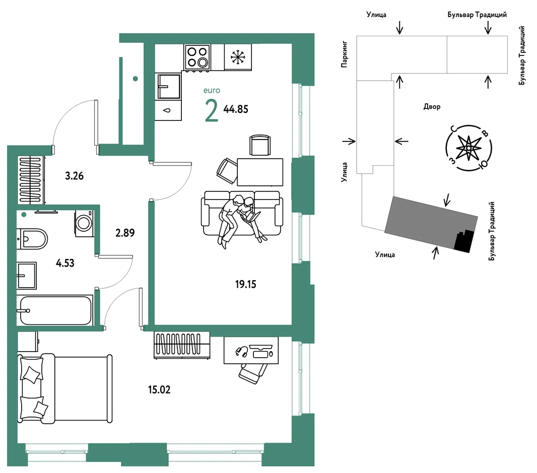 Планировка 2-комн. квартира, 44.85 м² ЖК «Микрорайон Домашний»