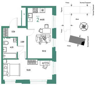 Планировка 2-комн. квартира, 44.85 м² ЖК «Микрорайон Домашний»