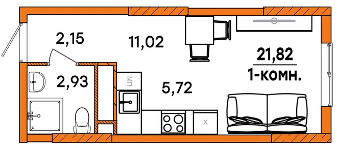 Планировка Студия, 21.82 м² ЖК «Юность» Планировка Студия, 21.82 м² ЖК «Юность»