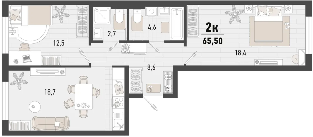 Планировка 2-комн. квартира, 65.5 м² ЖК «Барса»