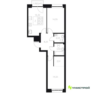 Планировка 2-комн. квартира, 64.51 м² ЖК «Statum»