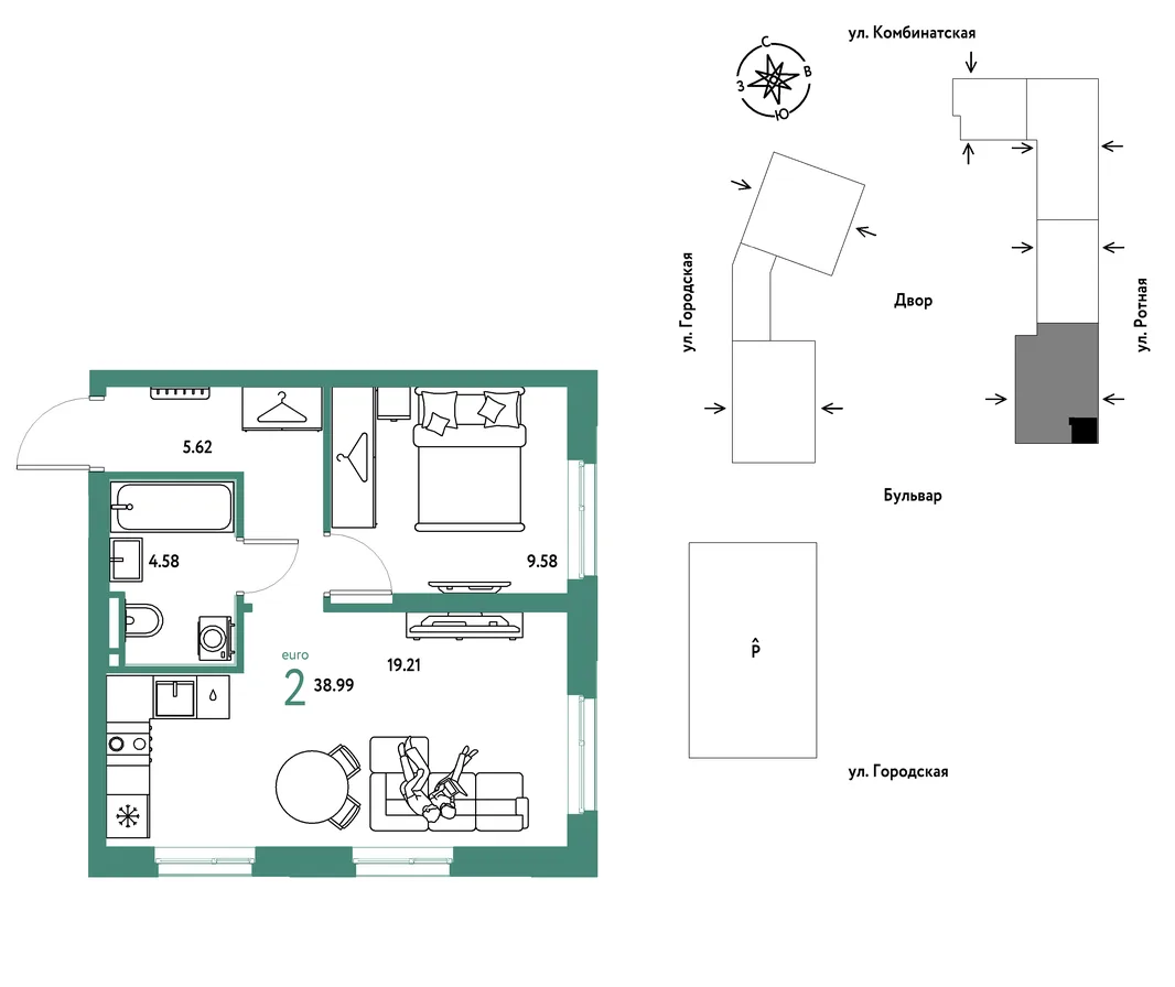 Планировка 2-комн. квартира, 38.99 м² ЖК «Уральский сад»