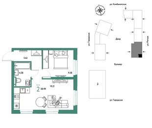 Планировка 2-комн. квартира, 38.99 м² ЖК «Уральский сад»