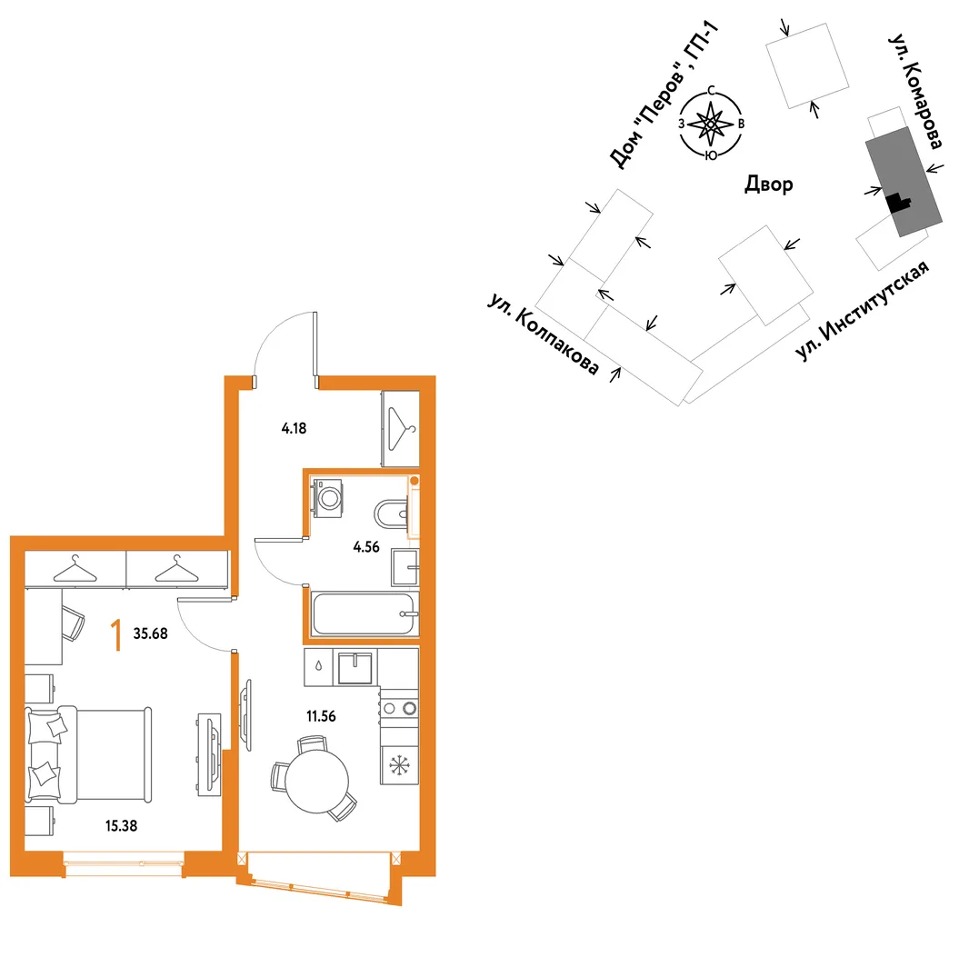 Планировка 1-комн. квартира, 35.68 м² ЖК «Страна.Парковая»