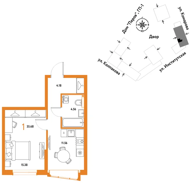 Планировка 1-комн. квартира, 35.68 м² ЖК «Страна.Парковая» Планировка 1-комн. квартира, 35.68 м² ЖК «Страна.Парковая»