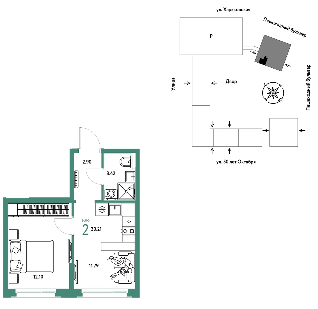 Планировка 2-комн. квартира, 30.21 м² ЖК «Сердце Сибири»