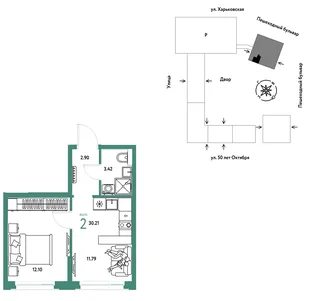 Планировка 2-комн. квартира, 30.21 м² ЖК «Сердце Сибири»
