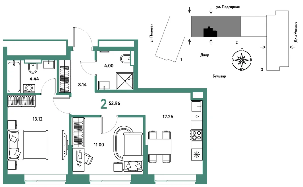 Планировка 2-комн. квартира, 53.11 м² ЖК «Авторский»