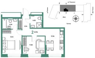 Планировка 2-комн. квартира, 53.11 м² ЖК «Авторский»
