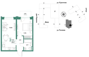 Планировка 2-комн. квартира, 41.21 м² ЖК «Остров-сад»