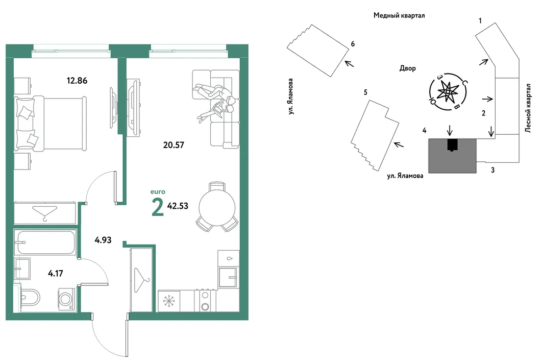 Планировка 2-комн. квартира, 42.53 м² ЖК «Сибирский сад»