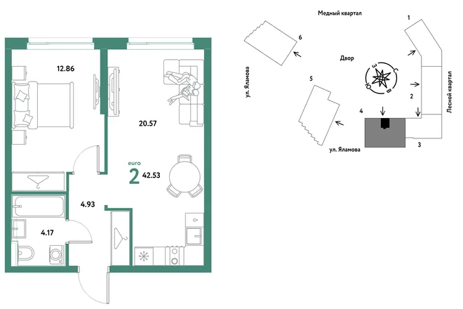 Планировка 2-комн. квартира, 42.53 м² ЖК «Сибирский сад» Планировка 2-комн. квартира, 42.53 м² ЖК «Сибирский сад»