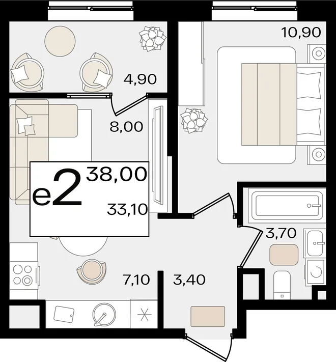 Планировка 2-комн. квартира, 38 м² ЖК «Патрики»