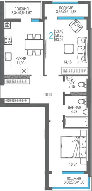 Планировка 2-комн. квартира, 58.25 м² ЖК «На Фонтанке»