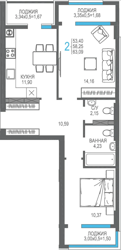 Планировка 2-комн. квартира, 58.25 м² ЖК «На Фонтанке»