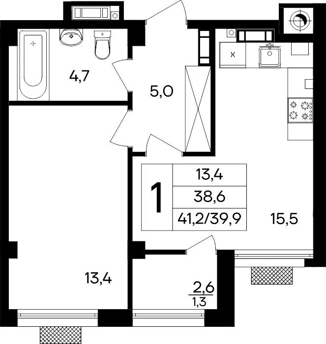 Планировка 1-комн. квартира, 41.2 м² ЖК «Маячная»