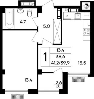 Планировка 1-комн. квартира, 41.2 м² ЖК «Маячная»