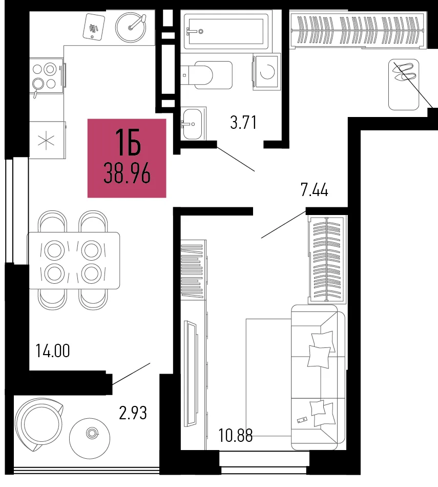Планировка 1-комн. квартира, 38.96 м² ЖК «Столицыно»