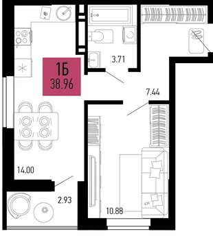Планировка 1-комн. квартира, 38.96 м² ЖК «Столицыно»