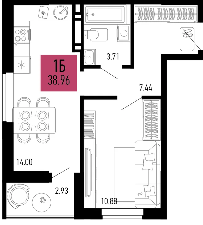 Планировка 1-комн. квартира, 38.96 м² ЖК «Столицыно» Планировка 1-комн. квартира, 38.96 м² ЖК «Столицыно»