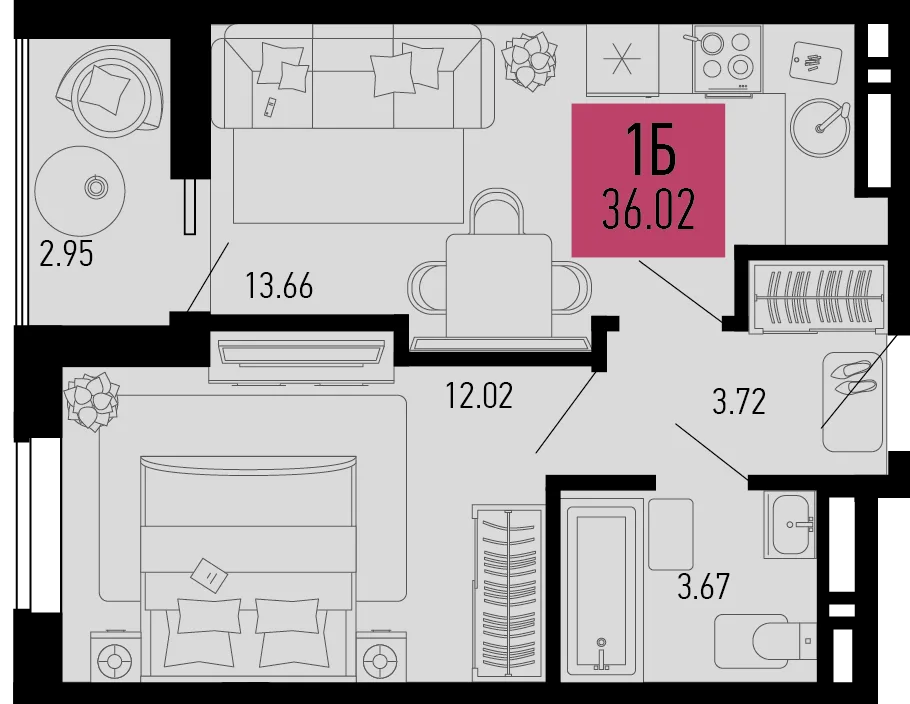 Планировка 1-комн. квартира, 36.02 м² ЖК «Столицыно»