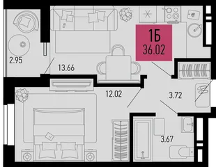 Планировка 1-комн. квартира, 36.02 м² ЖК «Столицыно»