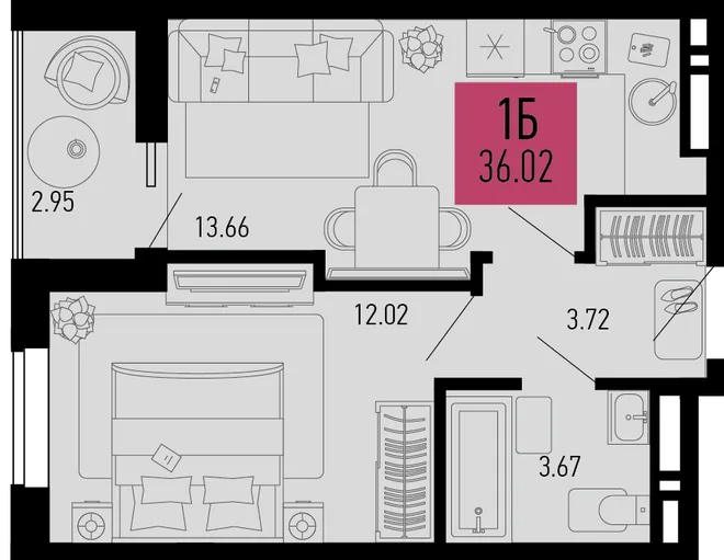 Планировка 1-комн. квартира, 36.02 м² ЖК «Столицыно»