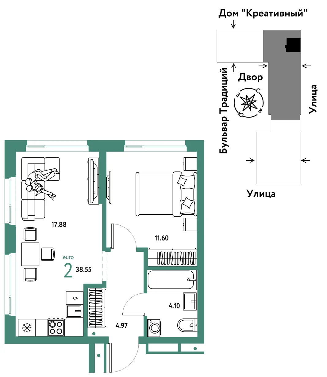 Планировка 2-комн. квартира, 38.55 м² ЖК «Микрорайон Домашний»