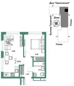Планировка 2-комн. квартира, 38.55 м² ЖК «Микрорайон Домашний»