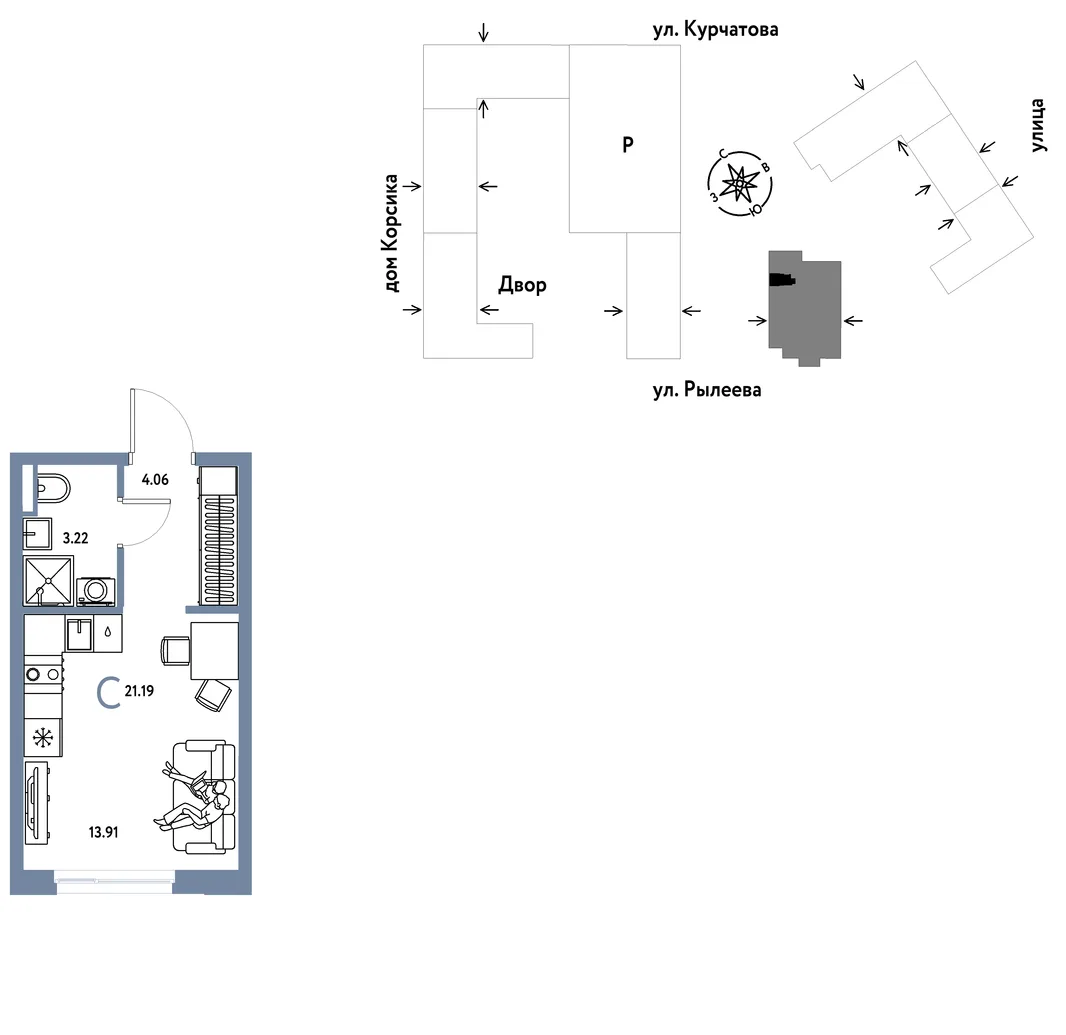 Планировка Студия, 21.39 м² ЖК «Остров-сад»