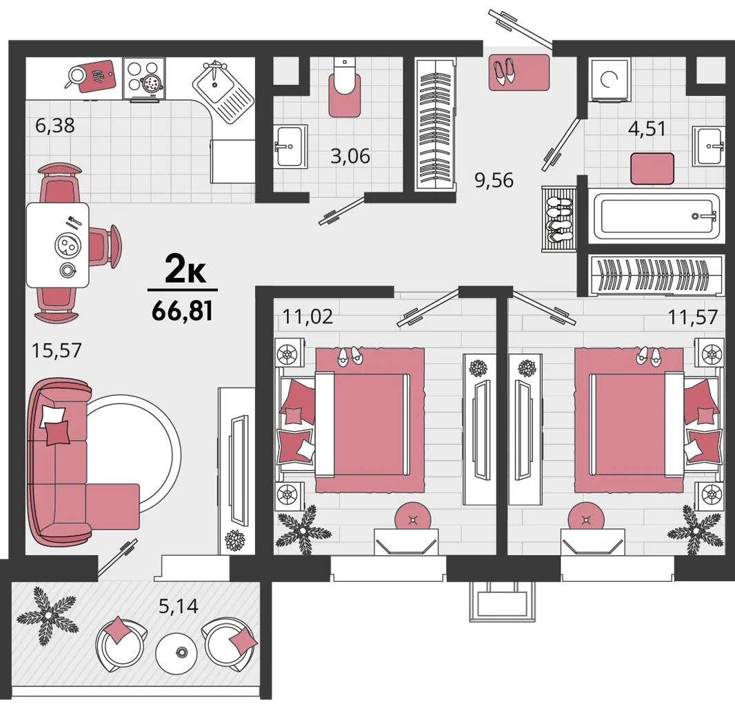 Планировка 3-комн. квартира, 66.81 м² ЖК «Родные просторы»