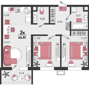 Планировка 3-комн. квартира, 66.81 м² ЖК «Родные просторы»