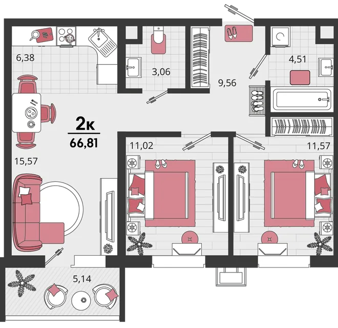 Планировка 3-комн. квартира, 66.81 м² ЖК «Родные просторы»