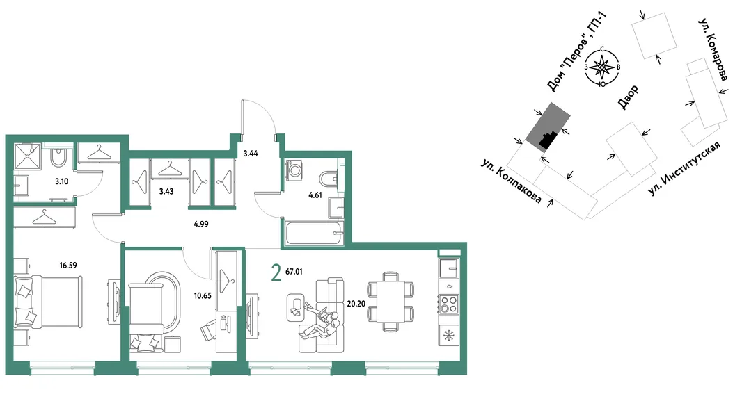 Планировка 2-комн. квартира, 67.01 м² ЖК «Страна.Парковая»
