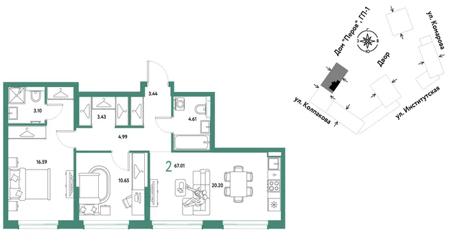 Планировка 2-комн. квартира, 67.01 м² ЖК «Страна.Парковая» Планировка 2-комн. квартира, 67.01 м² ЖК «Страна.Парковая»