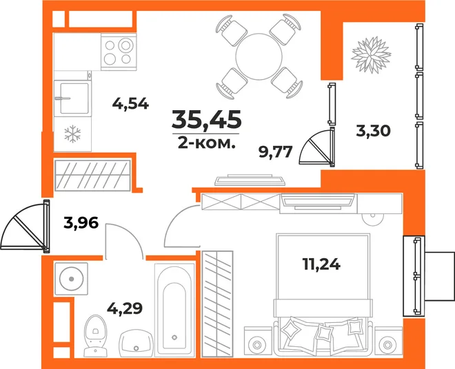 Планировка 2-комн. квартира, 35.45 м² ЖК «Живописный сад» Планировка 2-комн. квартира, 35.45 м² ЖК «Живописный сад»