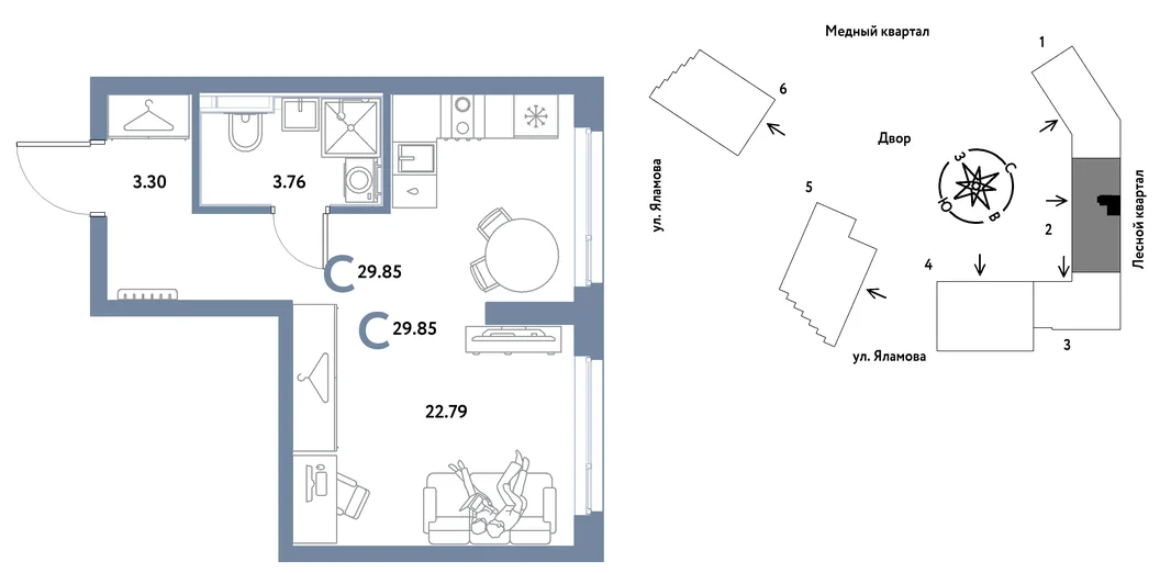 Планировка Студия, 29.85 м² ЖК «Сибирский сад»