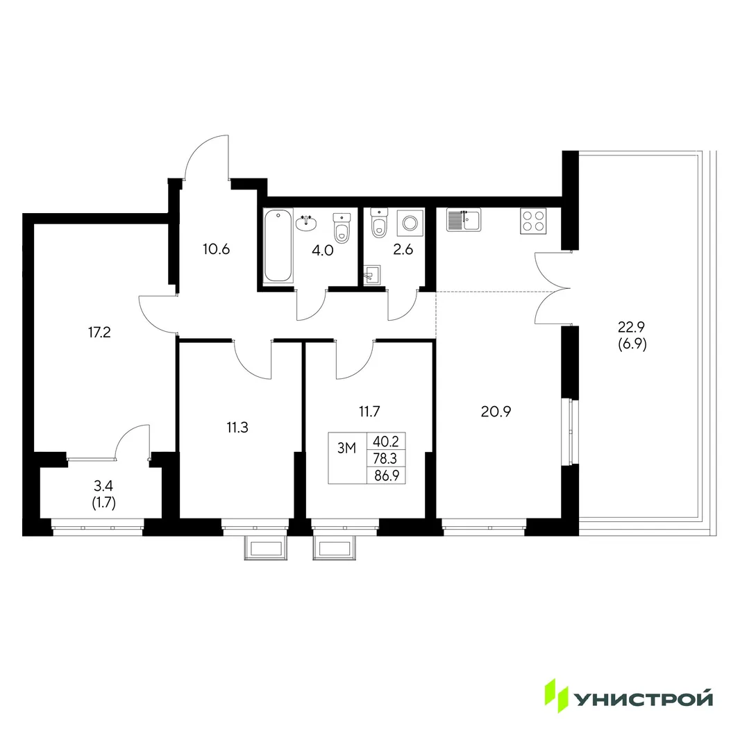 Планировка 3-комн. квартира, 86.9 м² ЖК «Стадиум»