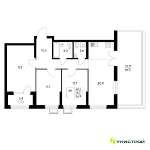 Планировка 3-комн. квартира, 86.9 м² ЖК «Стадиум»