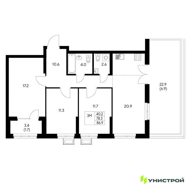 Планировка 3-комн. квартира, 86.9 м² ЖК «Стадиум» Планировка 3-комн. квартира, 86.9 м² ЖК «Стадиум»