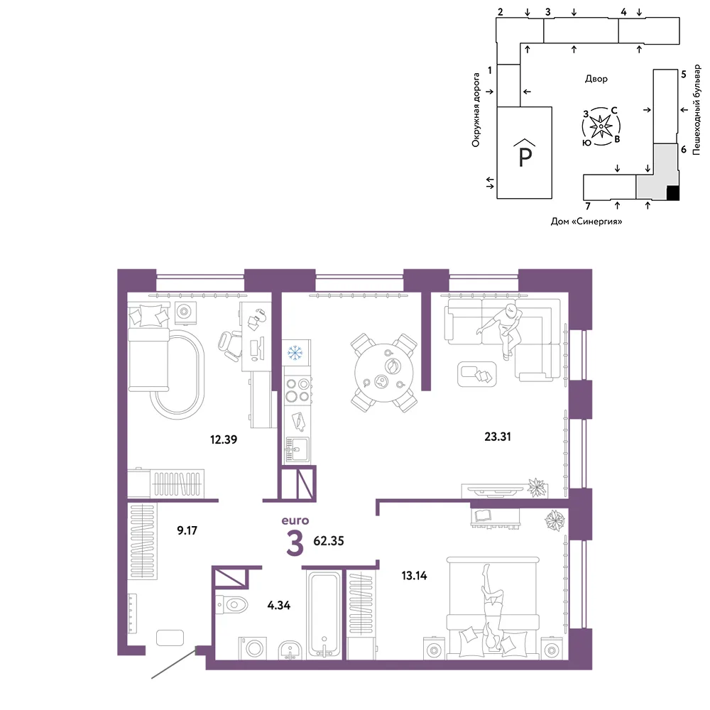 Планировка 3-комн. квартира, 62.35 м² ЖК «Юнион»