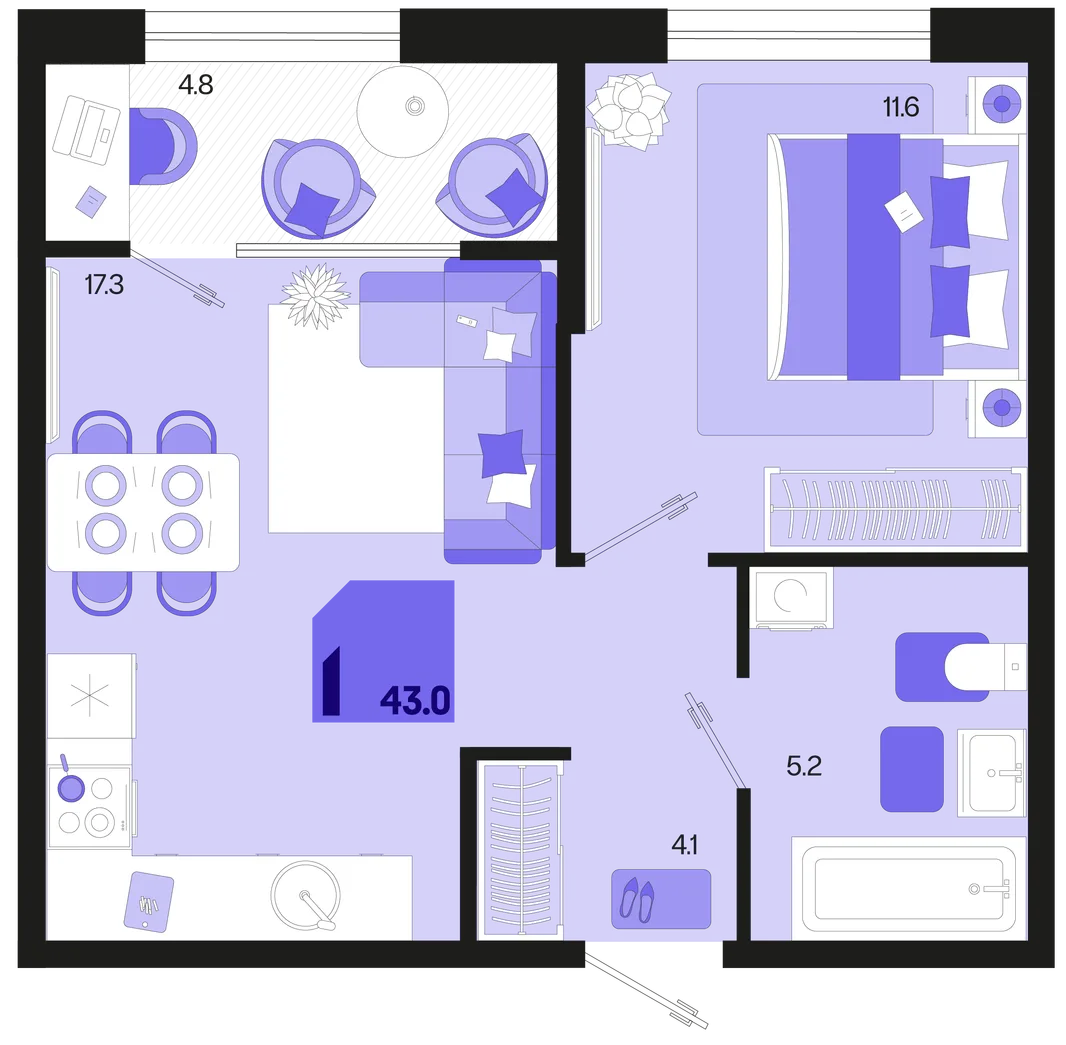 Планировка 1-комн. квартира, 43 м² ЖК «Первое место»