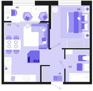 Планировка 1-комн. квартира, 43 м² ЖК «Первое место»